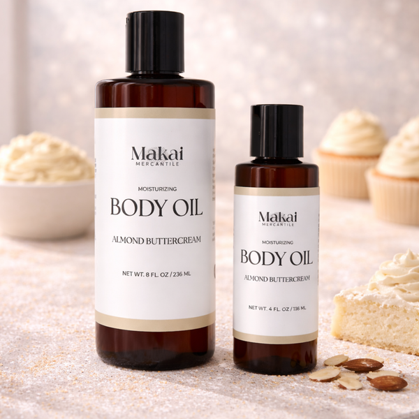 Two bottles of Makai Mercantile body oil with buttercream desserts.