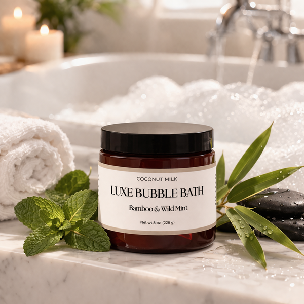 Jar of Luxe Bubble Bath with bamboo and mint leaves on a bathtub rim