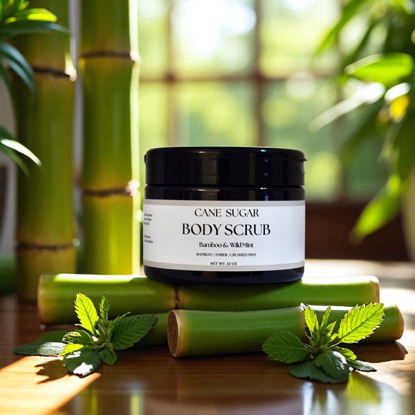 Jar of premium cane sugar body scrub in Bamboo & Wild Mint scent by Makai Mercantile