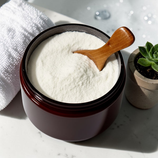 Jar of bubble bath powder with a wooden spoon on a marble surface with a towel and plant in the background