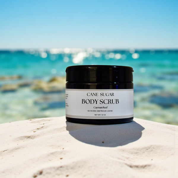 Exfoliating cane sugar body scrub by Makai Mercantile in tropical Cayman Reef fragrance