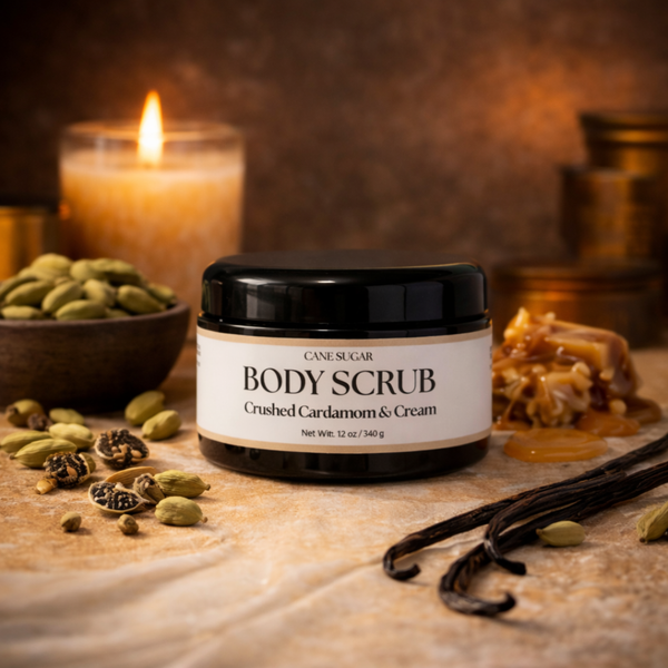 Jar of body scrub with cardamom and vanilla beans on a wooden surface.