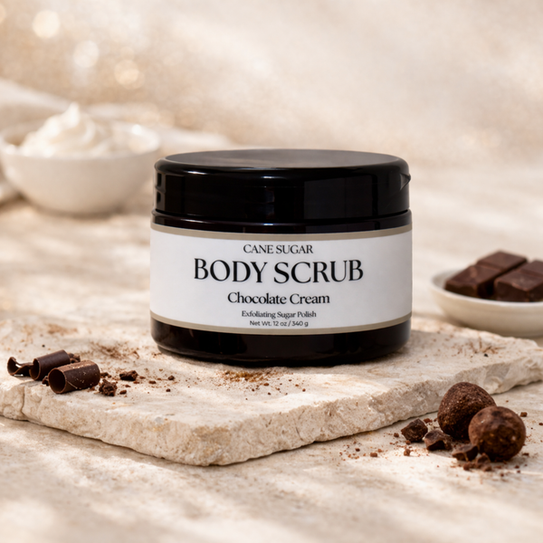 Jar of Cane Sugar Body Scrub on a stone surface with chocolate pieces.