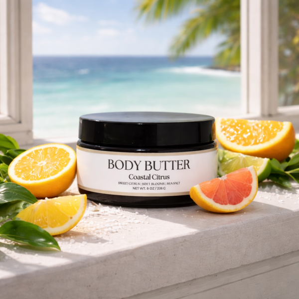 Body butter jar labeled 'Coastal Citrus' with citrus fruits on a windowsill with a beach view.