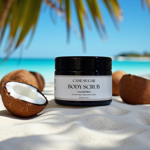 Cane sugar Body Scrub in Coconut Palms scent on a sandy beach
