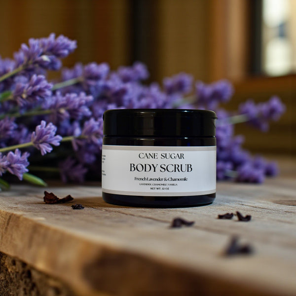 Luxury cane sugar body scrub in calming French Lavender & Chamomile scent by Makai Mercantile
