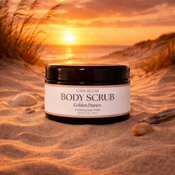 Cane sugar Body Scrub in Golden Dunes scent on a beach at sunset