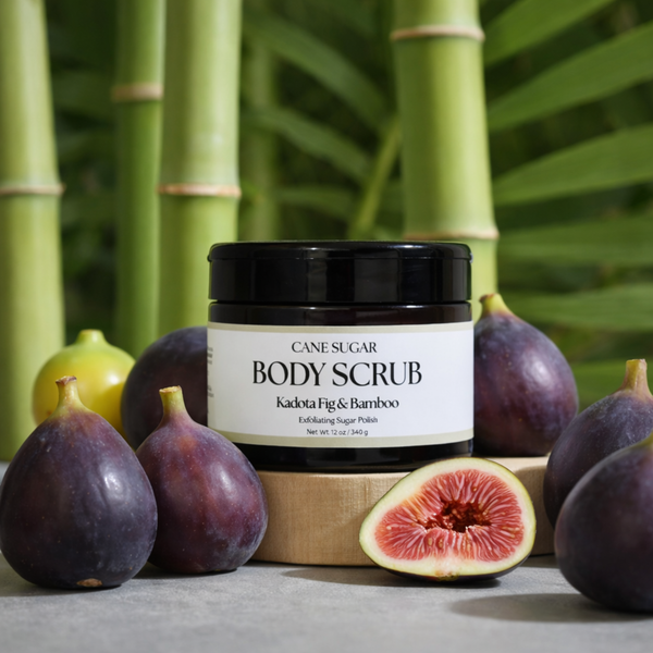 Cane sugar body scrub jar with figs and bamboo in the background