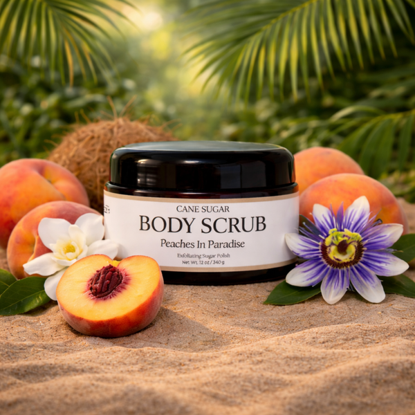 Jar of cane sugar body scrub with peaches and flowers on a wooden surface