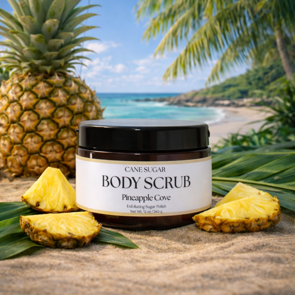 Cane Sugar Body Scrub container with pineapples and tropical scenery