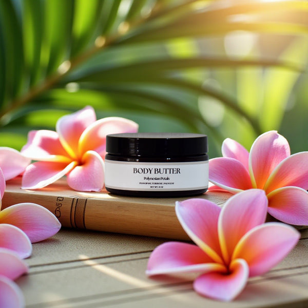 Body butter jar with pink flowers and green leaves in the background in tropical floral scent of Polynesian Petals