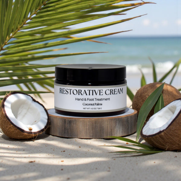 Restorative Cream jar with coconuts and palm leaves on a beach