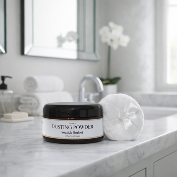Dusting powder container on a bathroom counter with a blurred background