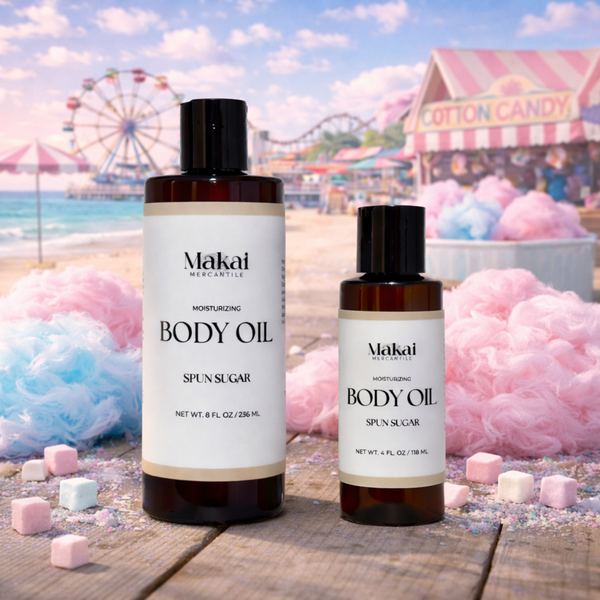 bottles of body oil in Spun Sugar cotton candy type scent
