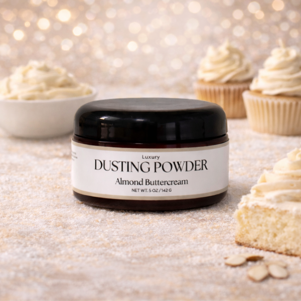 Jar of 'Luxury Dusting Powder Almond Buttercream' with cupcakes in the background