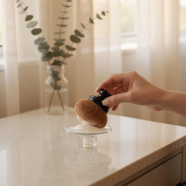 "Makai Mercantile Luxe Kabuki Body Brush with dusting powder dish — extra-large fluffy synthetic bristles, cruelty-free"