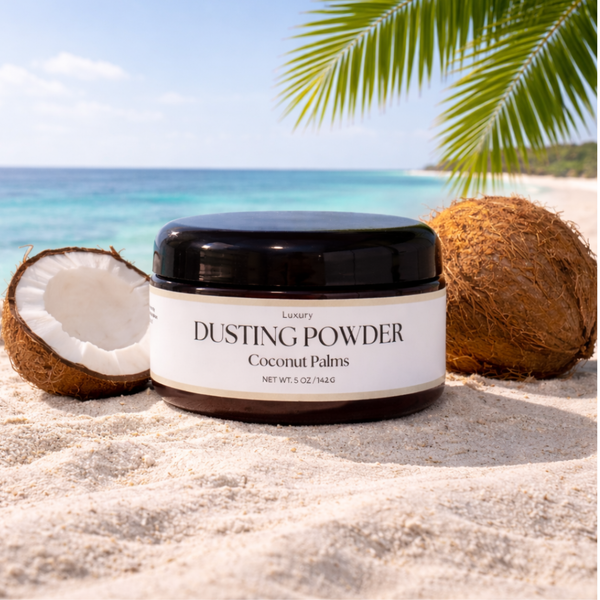 Dusting powder jar with coconuts on a beach