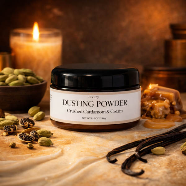 a jar of dusting powder in the scent of Crushed Cardamom & Cream