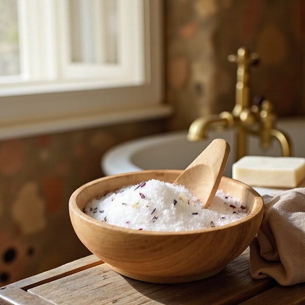 Texture of foot soak in a bowl with scoop