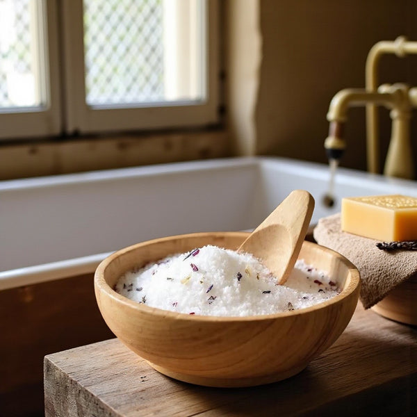 Texture of foot soak in a bowl with scoop