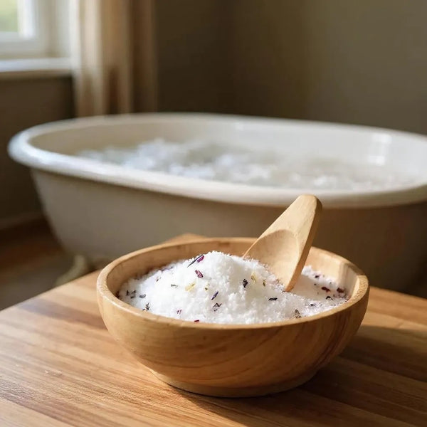 Texture of foot soak in a bowl with scoop