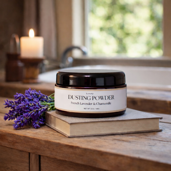 A jar of body dusting powder in French Lavender & Chamomile scent, warm and comforting scent