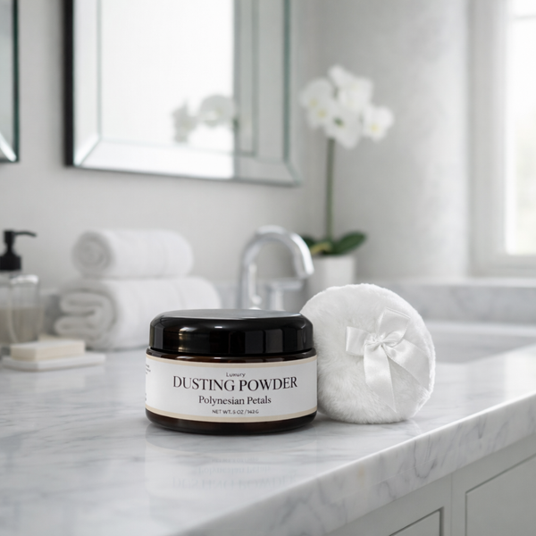Dusting powder container on a bathroom counter with a blurred background