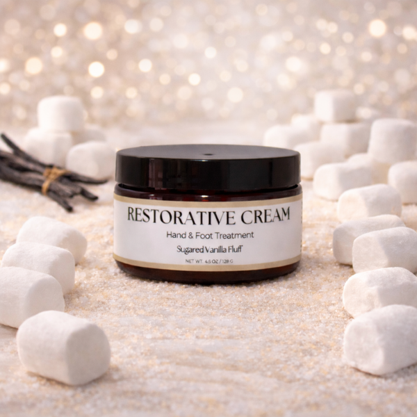 A jar of hand and foot cream in Sugared Vanilla Fluff Marshmallow Vanilla scent